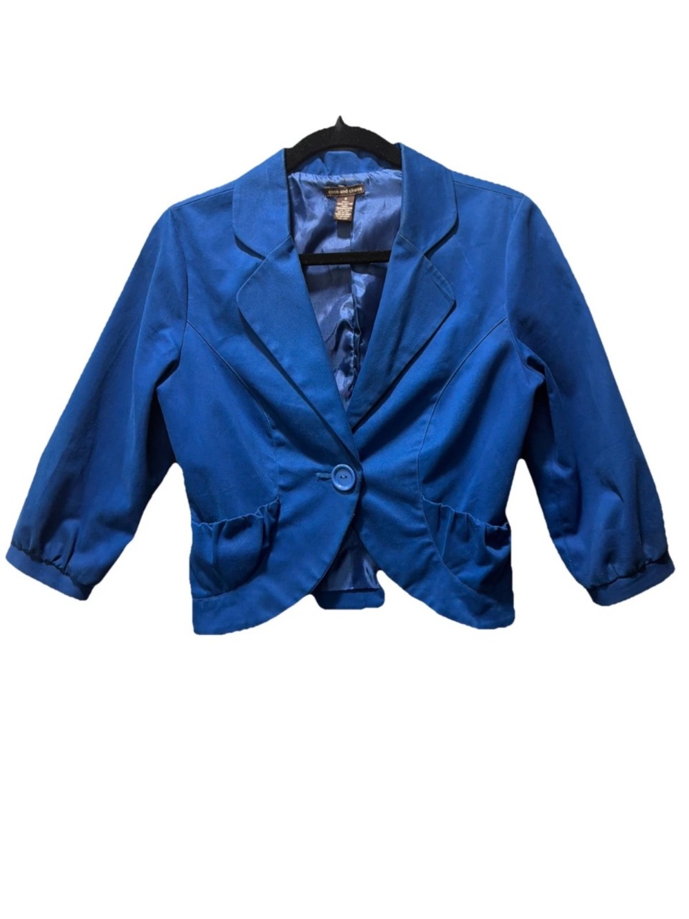 Coco and Chase Sapphire Blue Brushed Soft Denim Cropped Blazer Single Button EUC